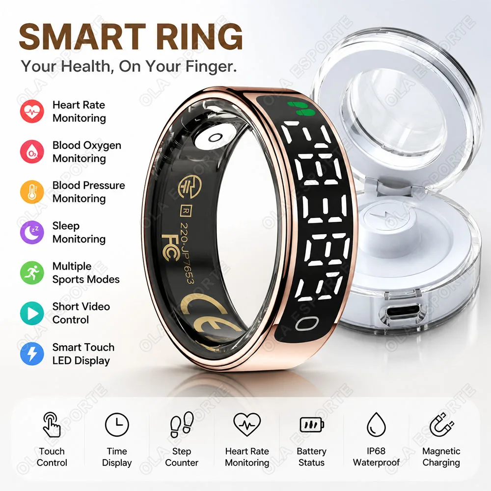 Smart Ring with Charging Case Heart Rate Heart Oxygen Sleep Monitoring Time Steps Battery Display Multi-function Smart Ring R12