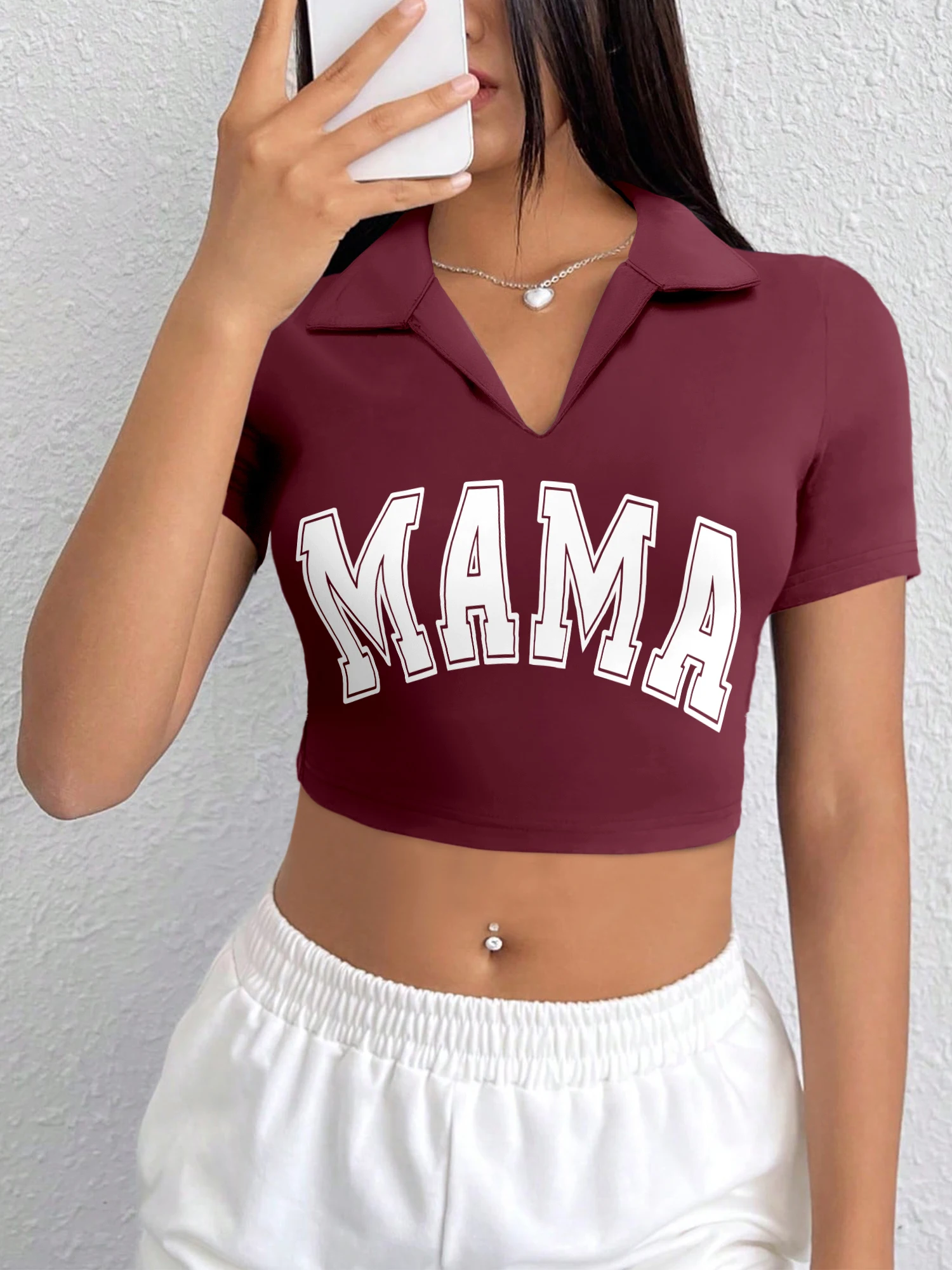 Retro MAMA Varsity Letter Crop Polo Tee Women Lapel V Neck Short Sleeve Slim Cropped Top Casual Mother's Day Outfit T-Shirt