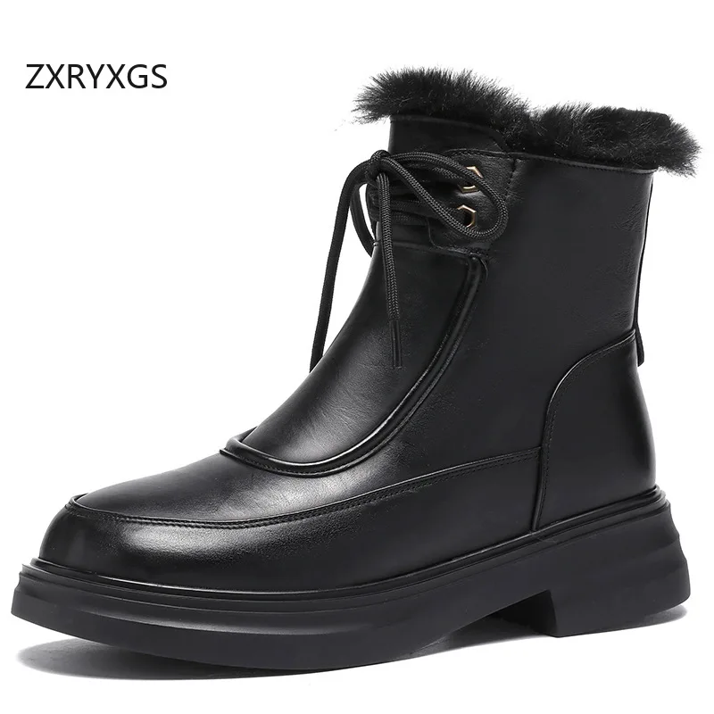 

ZXRYXGS Premium Cowhide with Plush Warm Shoes Snow Boots 2025 Large Size Low Heel Non-slip Comfortable Women Winter Boots Tide
