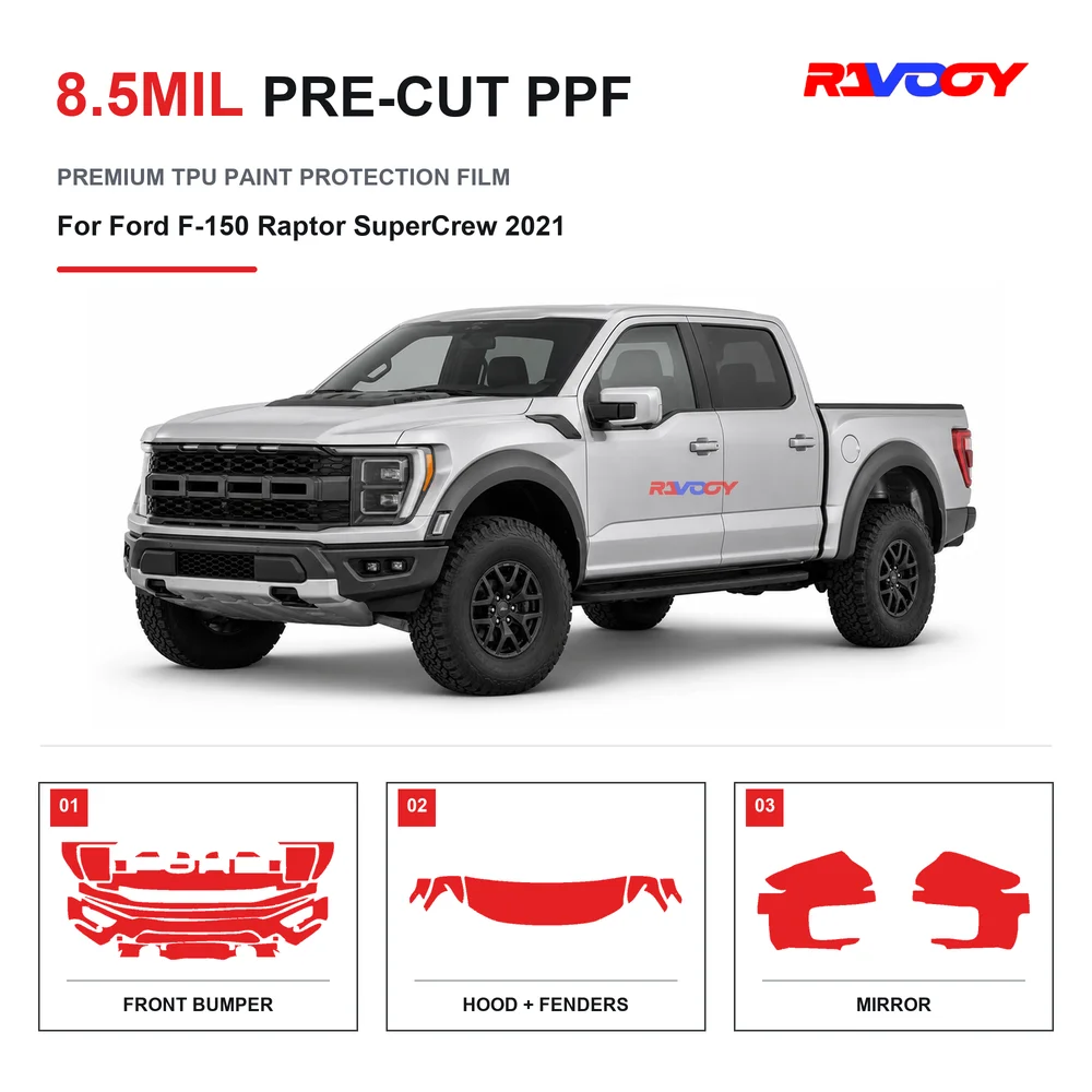 Precut PPF For Ford F-150 Raptor SuperCrew 2021 8.5mil TPU Clear Paint Protection Film Self Healing Hydrophobic Stone Chip Guard