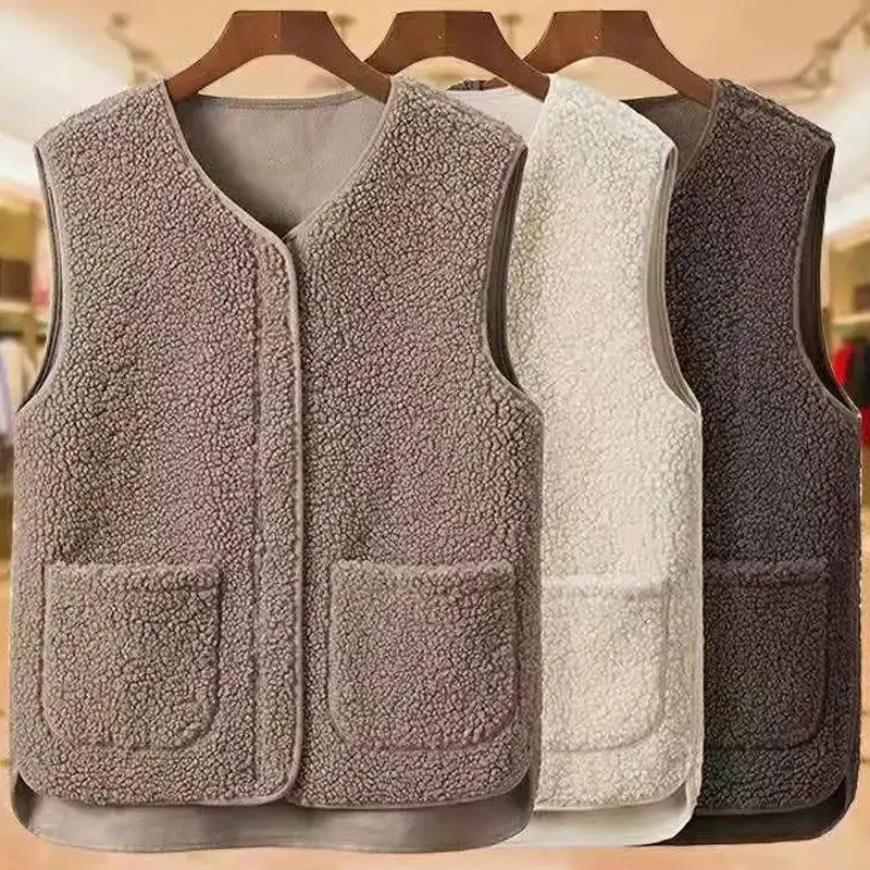 Special Offer Japanese Style Lamb Fur Vest Women's Integrated Leather Fur Jacket Coat Regular Length V-Neck Zipper Closure