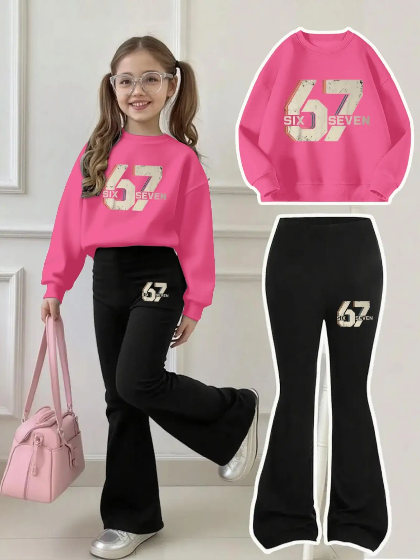 Kinderbekleidung für Mädchen, Set aus Sweatshirt mit 67 Buchstaben und Zahlen und Schlaghose, Vintage-Stil mit „67 Six Seven“-Grafikdruck, rosarote + schwarze Hose, geeignet für Zuhause, Freizeit und