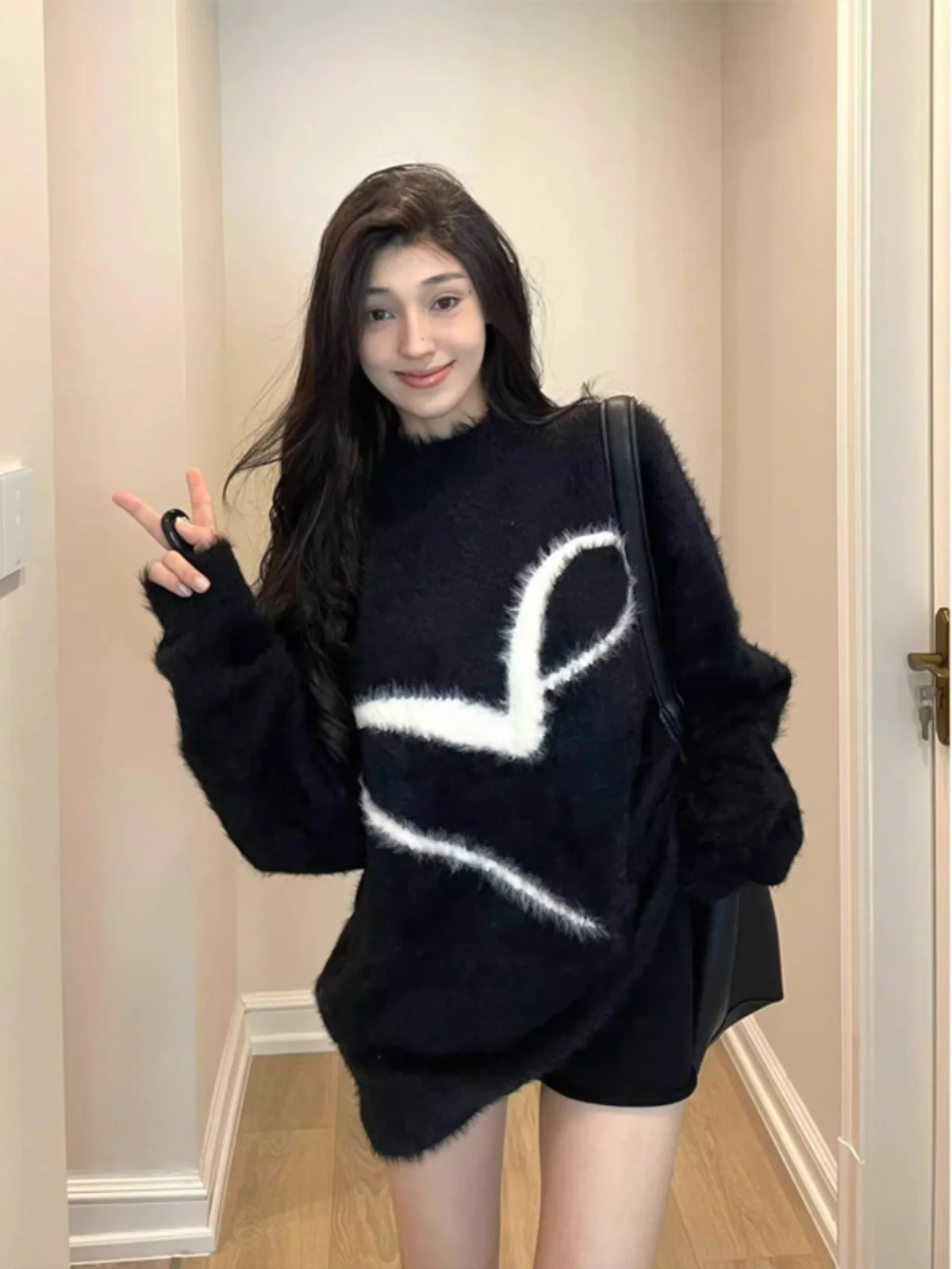 Soft Cozy Camere Sweater Women's Autumn Winter Loose Overhead Top round Ne Knitted Bla Lazy Sle Faionable Commute