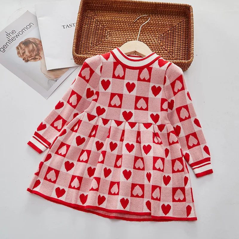 Girls' Dress Autumn 2022 New Fashionable Love Plaid Children'S Clothing Baby Kids Spring Knitted Princess Dress