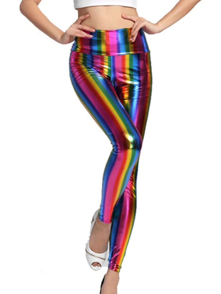 Rainbow Nightclub Sexy Leggings Women PU Faux Leather Leggins New Pencil Pants Streetwear Jogging