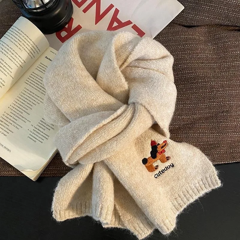 

Scarf Korean-style Cute Puppy Embroidery Scarf Winter Fashion Wool Blend Shawl Thick And Warm Cold-proof Knitted Neck Warmer