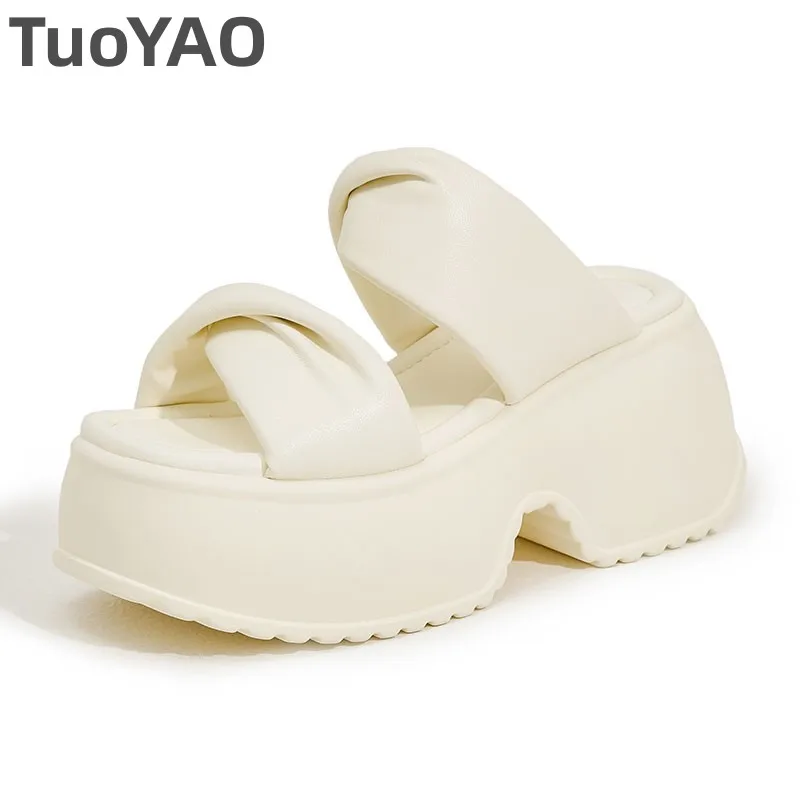 

8.5cm Platform Wedge Retro British Flip-Flop Women Fashion Mules Ins Hot Sell Genuine Leather Weave Sandals Shoes Slipper Summer