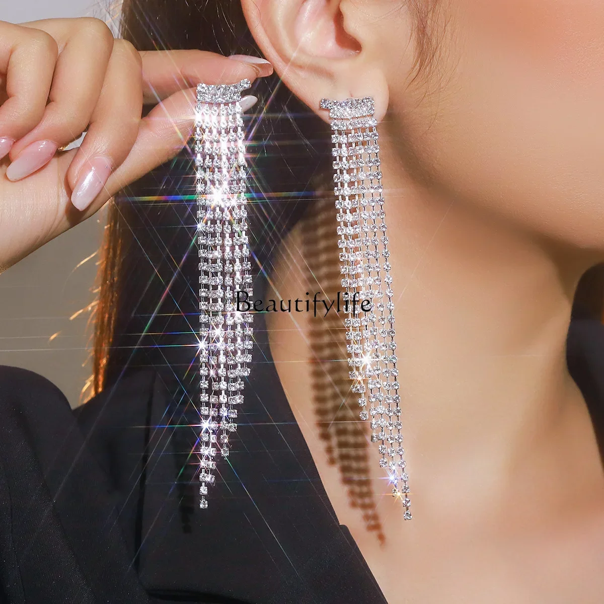 

European and American fashion long fringed earrings retro temperament flash diamond earrings