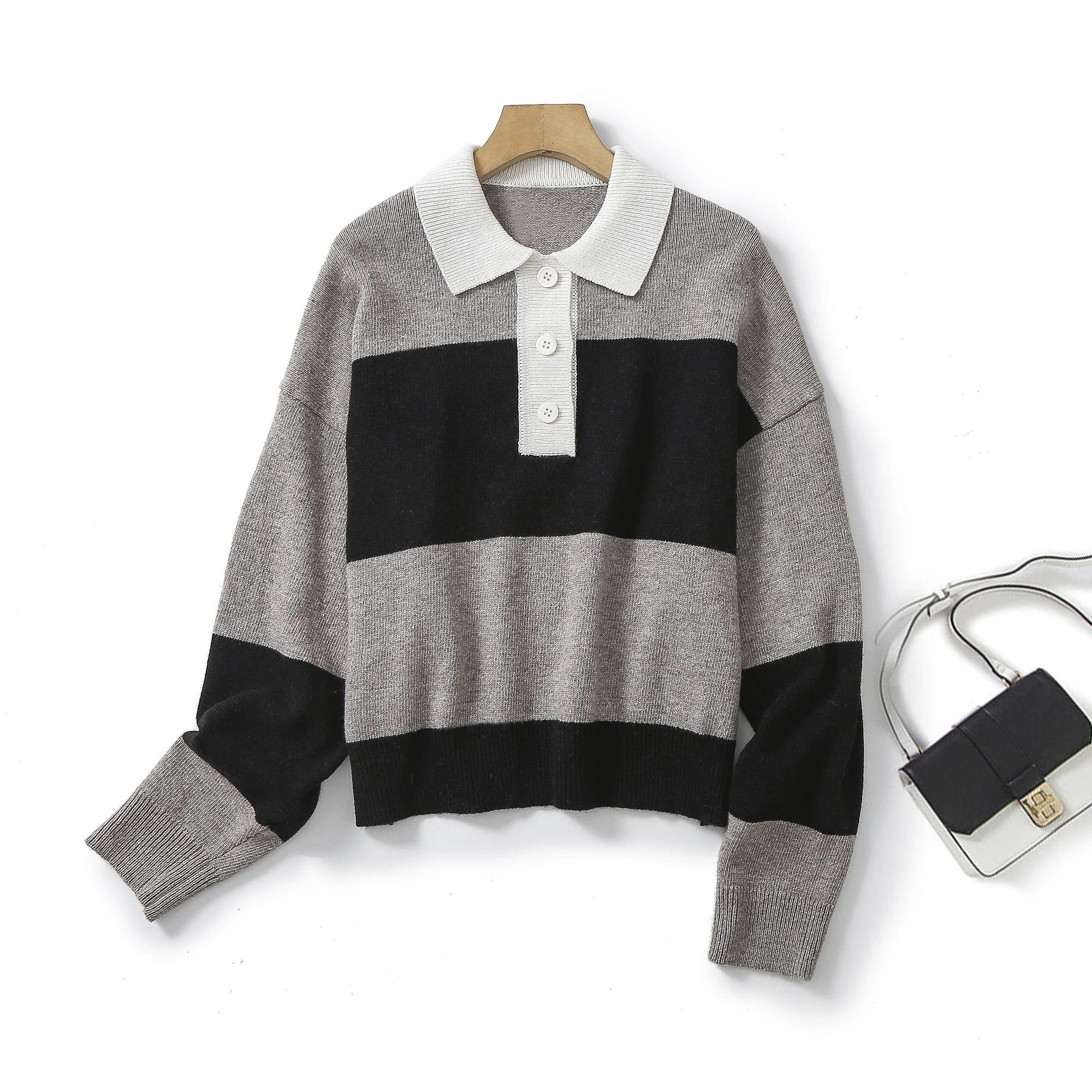 Ethereal MD 2023 autumn new style of Casual slouchy patchwork striped Polo neck striped knitwear