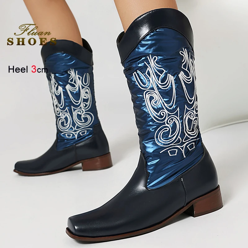 

Autumn Winter Blue Embroidered Women's Mid-Calf Boots Square Head Thick Medium Heels 3cm Ladies Knight Boots Female Middle Boots