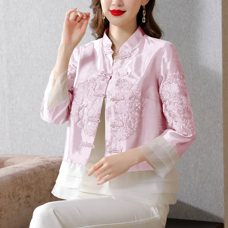 Vintage Embroidered Cheongsam Top Ladies Elegant Disc Buckle Patchwork Chinese Style Blouses Stand Collar Women Spring Shirt