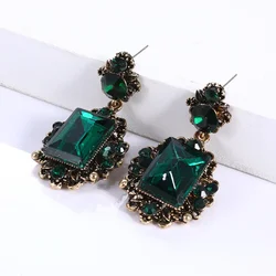 Retro Antiqued Bronze Deep Green Chunky Stone Pendant Dark Blue Big Drop Earring for Women Girls Vintage Jewelry