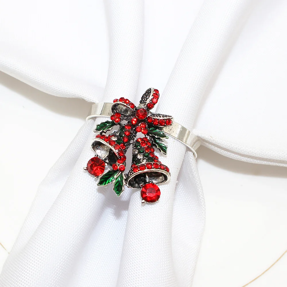 6Pcs Jingle Bells Christmas Napkin Rings Metal Xmas Napkin Ring Holders Rhinestone Napkin Buckles for Christmas Party Table Deco