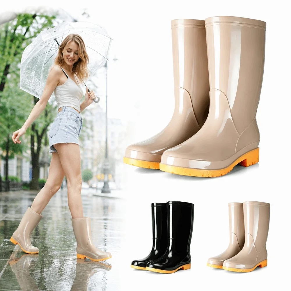 Rutschfeste Damen-Regenstiefel, hohe, wasserdichte Gartenschuhe, strapazierfähige, leichte Wasserschuhe für draußen, Küche, Arbeit – Detail 8