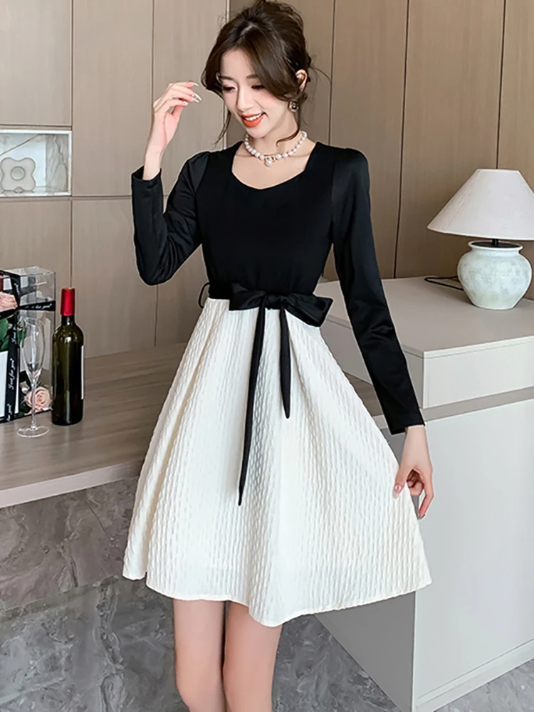 2026 White Patchwork Black Chic Bow Midi Dress Summer Short Sleeve Sqaure  Collar Casual Dress Women Korean Elegant Party Vestido - AliExpress  200000345