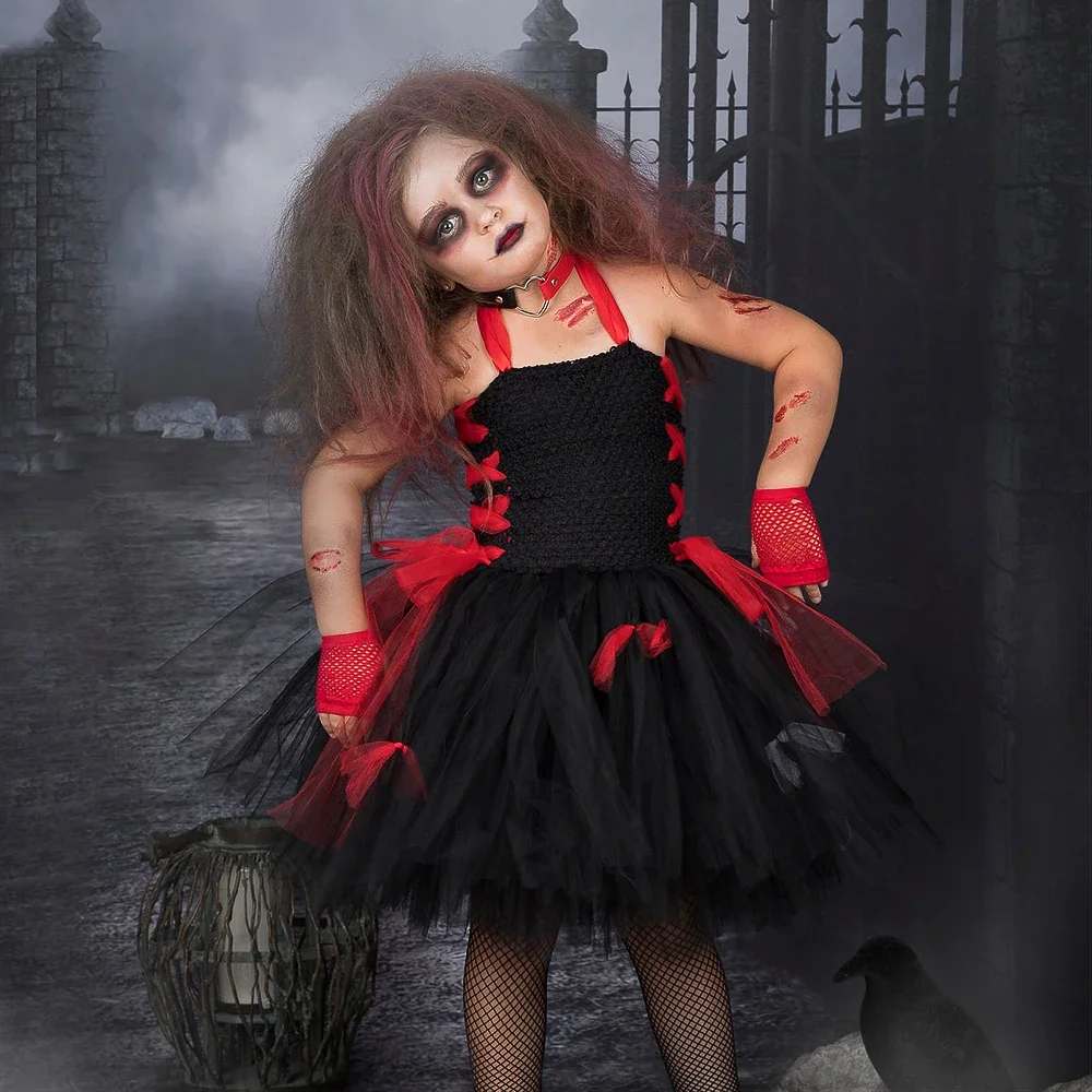

Zombie Costume for Girls Scary Halloween Tutu Dress Black Red Toddler Carnival Party Fancy Vampire Corpse Dress Up Outfit