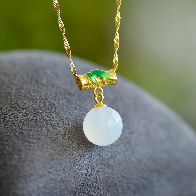 Certificate Included Ice White Chalcedony Bead Pendant New Chinese Style Ancient Style 925 Silver Enamel Bamboo Leaf Round Bead