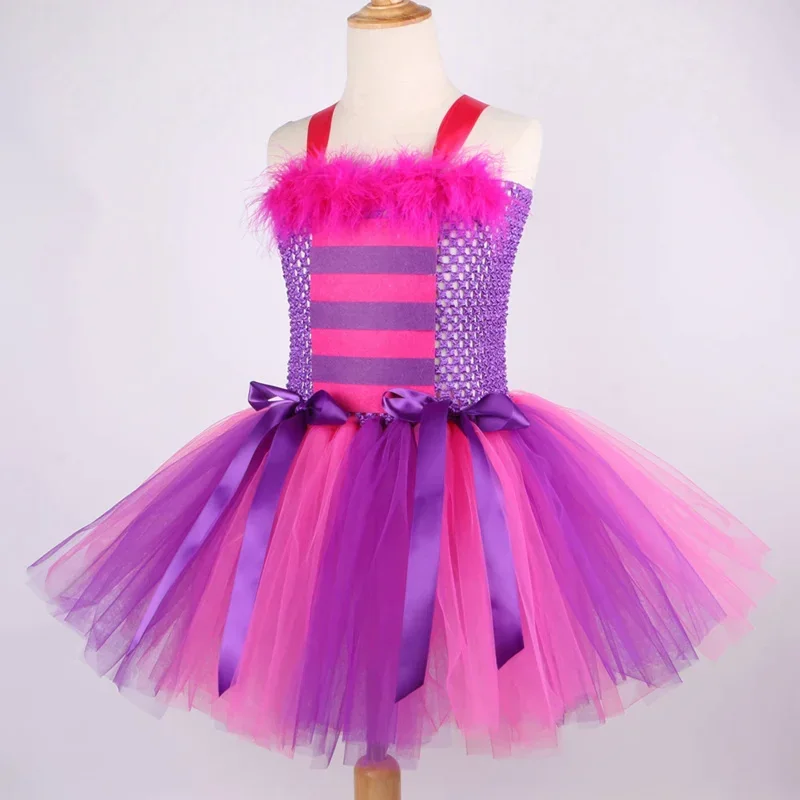 Alice in wonder chesuite cat girls tutu dress hot pink purple cartoon tulle girls party dress kids Halloween cosplay costume