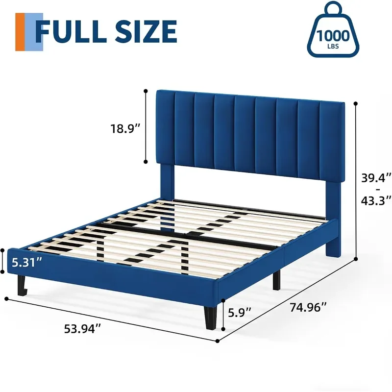 Full Size Velvet Upholstered Bed Frame Navy Blue