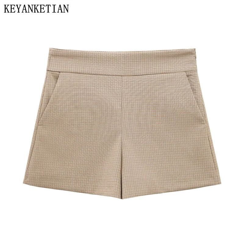 

KEYANKETIAN 2025 Spring New Women's Houndstooth Straight-leg Shorts Side Zipper High Waist Slim Office Lady Pockets Shorts Thin