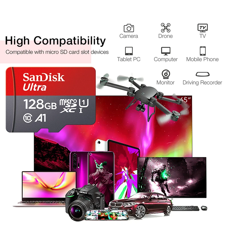 SanDisk-Cartão de Memória Micro TF para Smartphone, Flash Card, Classe 10, TF, 128GB, 64GB, 32GB, até 98 mbps, A1