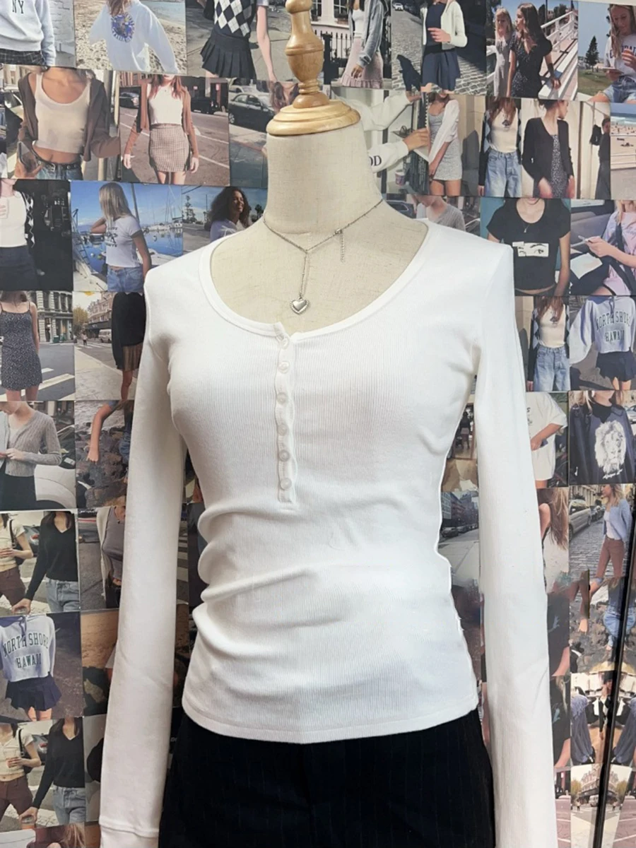 

Six Buttons White Ribbed T-shirts Women Spring Round Neck Cotton Long Sleeve Tees Top Female Solid Simple Basic Slim Tshirt Y2k