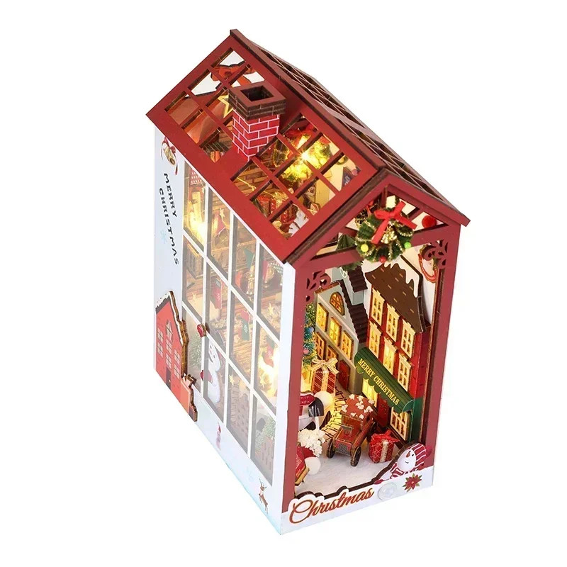 DIY Wooden Christmas Decorations Book Nook Shelf Insert Kits Miniature Dollhouse with Furniture Christmas Toys Gifts