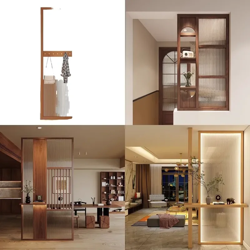 Solid Wood Glass Partition Screen New Chinese Style Entryway Living Room Bathroom Divider Customizable Privacy Shield