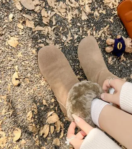 Winter Girls Khaki Green Gray Suede Round Toe 3 CM Height Increasing Warming Snow Boots Women Lamb Fur Slip On Short Boote Shoes