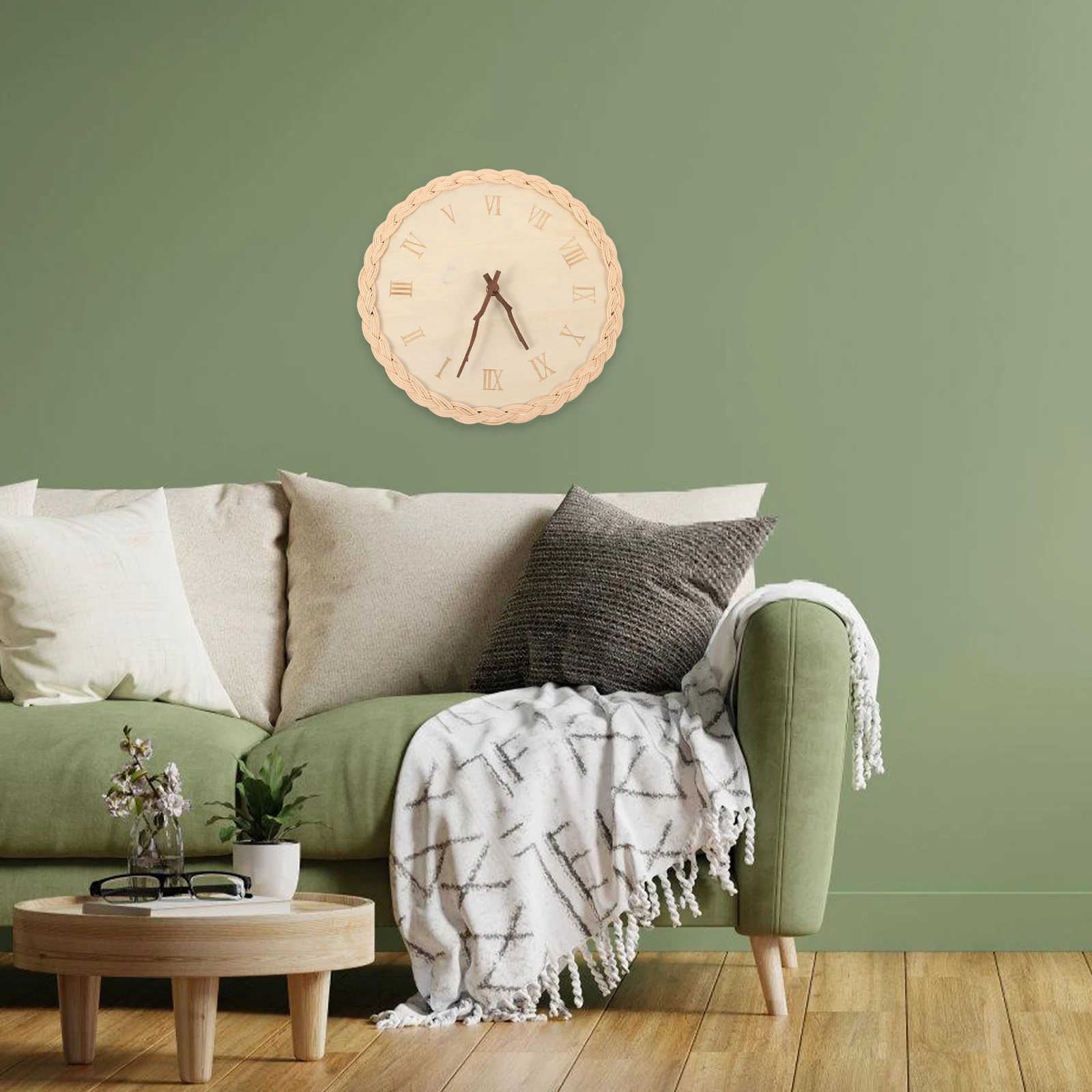 

1pcs Wicker Hanging Round Rustic Silent Wall Clock Decorative Home Bedroom Office Decor Non Ticking Mute Operated Rattan