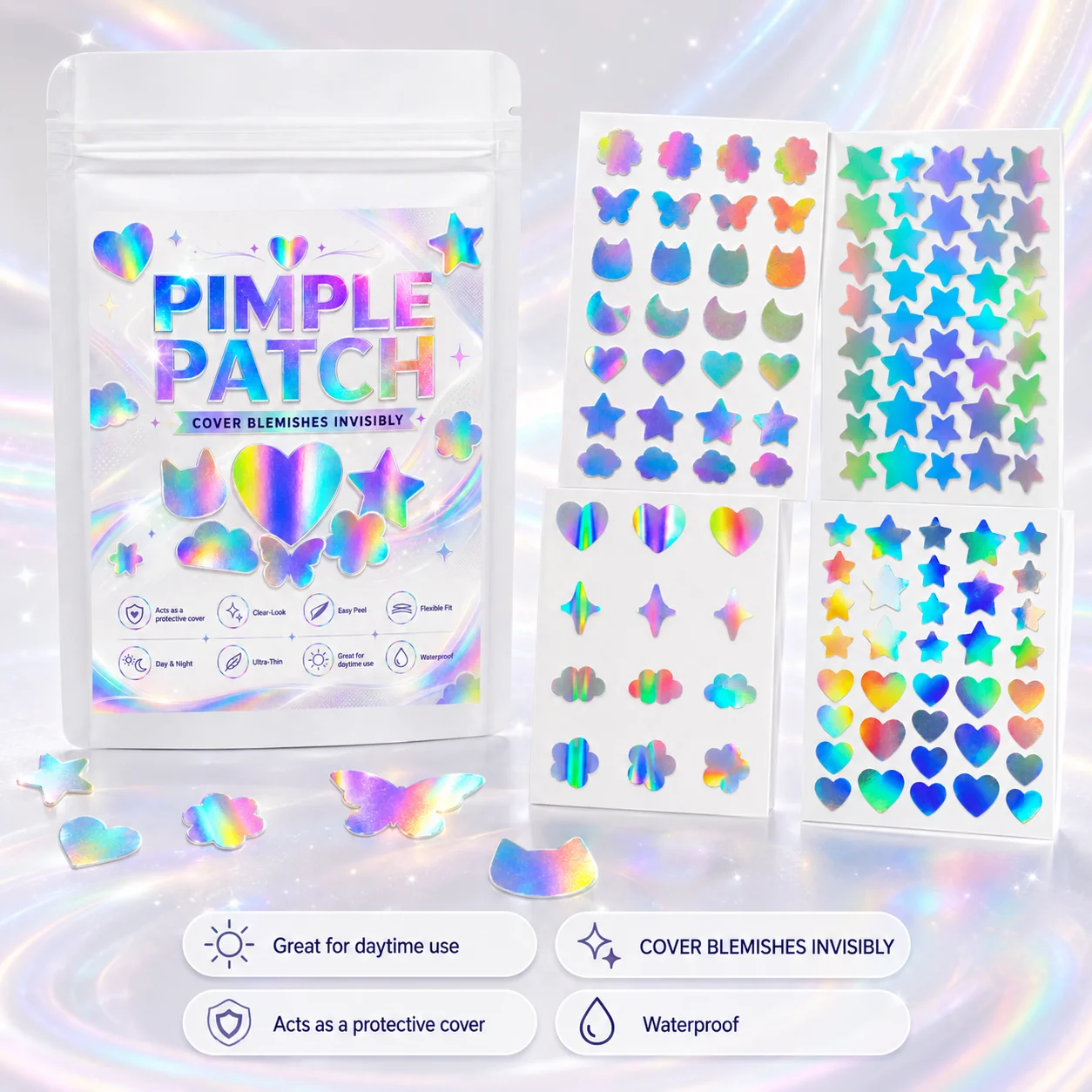 232/580/812pcs Iridescent Mixed-Shape Pimple Patches, Ultra-Thin, Breathable, Skin-Friendly for Daily Wear