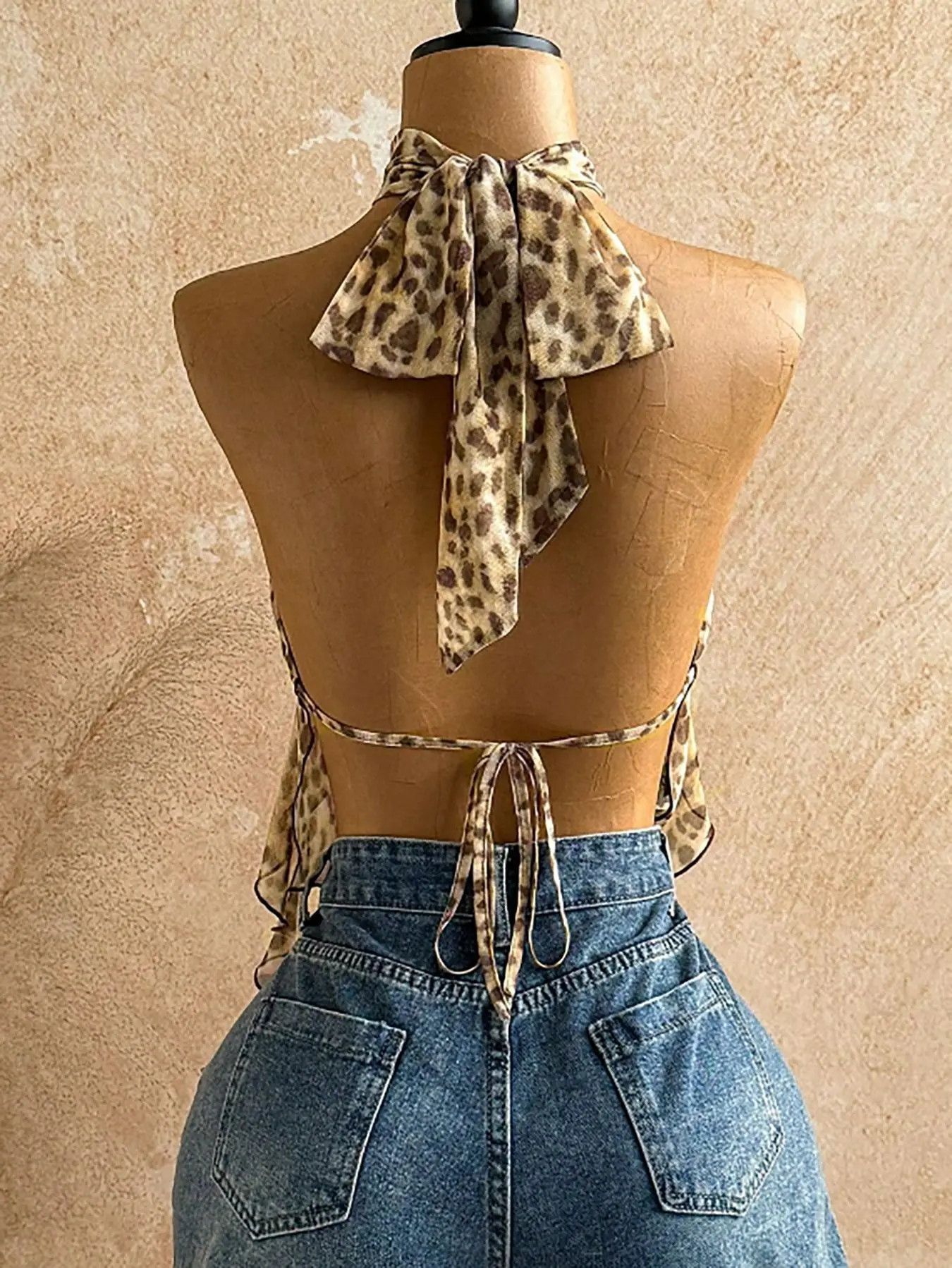 Retro Fashion Vest Sexy Summer Leopard Print Hot Girl Street Style Halter Neck Suspender Straps Ruffled Sleeveless Backless Tops