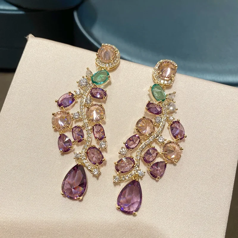 

European American Luxury Purple Crystal Earrings Pear Cut Long Drop Women Wedding Bridesmaid Gift with Cubic Zirconia Jewelry