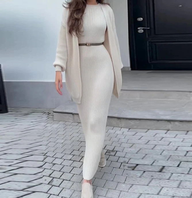 Women\'s Fashion Lazy Style Knitted Sweater Long Dresses Set Temperament Commuting New Winter Solid Women Casual Dress Sets