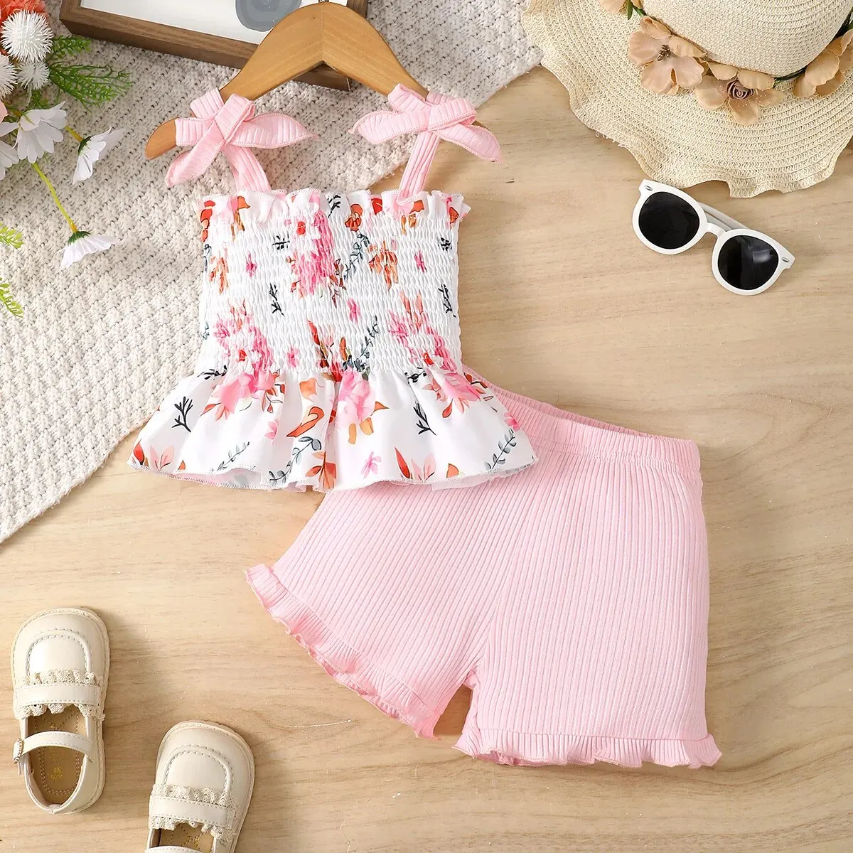 2 Pcs Summer Girls Camisole Floral Top Lace Shorts Casual Suit Sweatshirt Suit For Party Outdoor