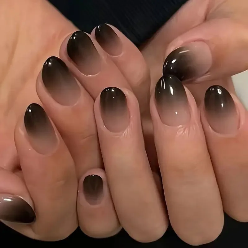 24 قطعة التدرجات السوداء فقرة طويلة موضة مانيكير التصحيح قابلة لإعادة الاستخدام لاصق الأظافر كاذبة اللوز الأظافر وهمية اضغط على خنجر