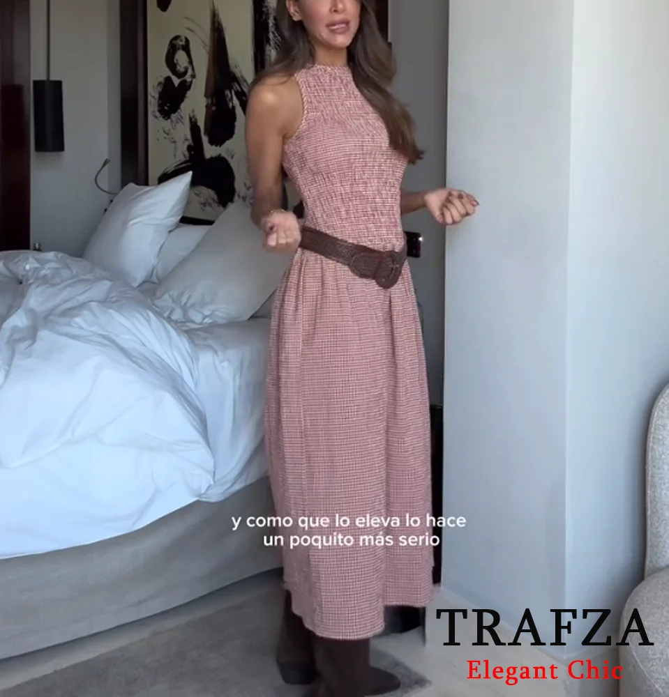 

TRAFZA Women Sweet Pink Plaid Midi Dress Sleeveless Vest Dress New 2025 Spring Summer Fashion Casual Pastoral Style Dress