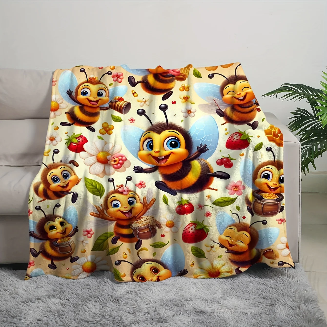 Whimsical Bee Cartoon Fleece Throw Blanket - Cozy, Reversible,Flannel with Vibrant Digital Print for Sofa & Room Decor
