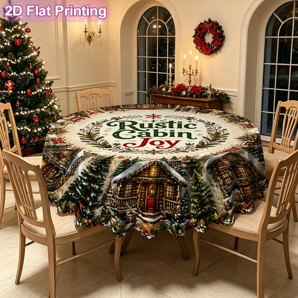 2D Flat, Country Cottage Joy Wreath Printed Round Tablecloth 1 Pack - Holiday Table Cover for Christmas Decorations
