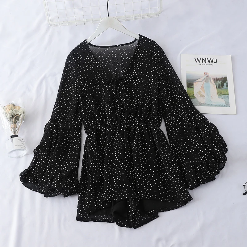 Spring Summer all-match Playsuits Polka Dot Vintage Long Shirt Women sexy BOHO Style Satin Printed Chiffon Bandage Rompers 2024