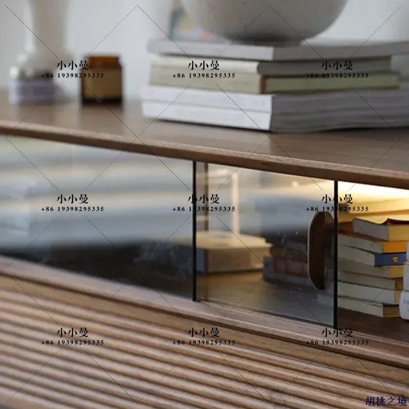 North American Black Walnut Solid Wood TV Cabinet Modern Simple Retro Glass Storage Locker for Laser Projector Living Room