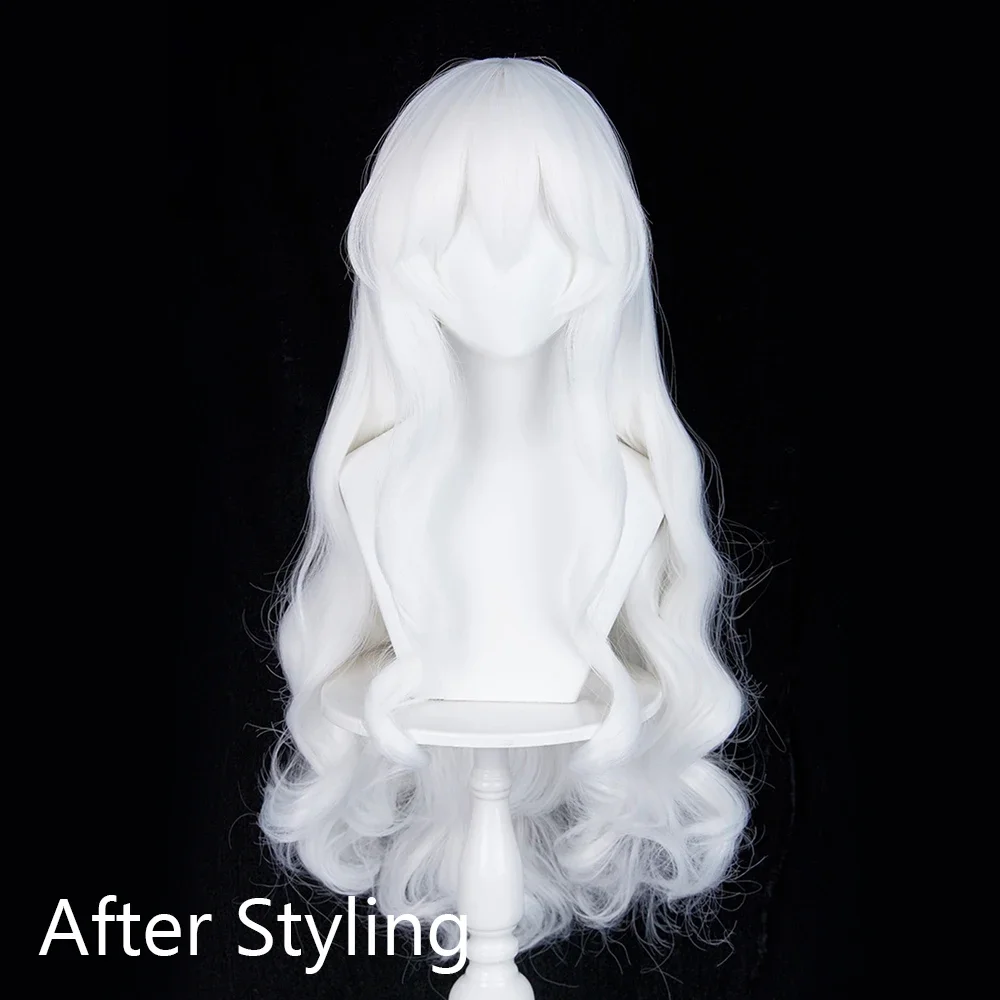 Daily Party White Long Wavy Anime Game Cosplay Synthetic Wigs with Bangs Fluffy Heat Resistant Wig