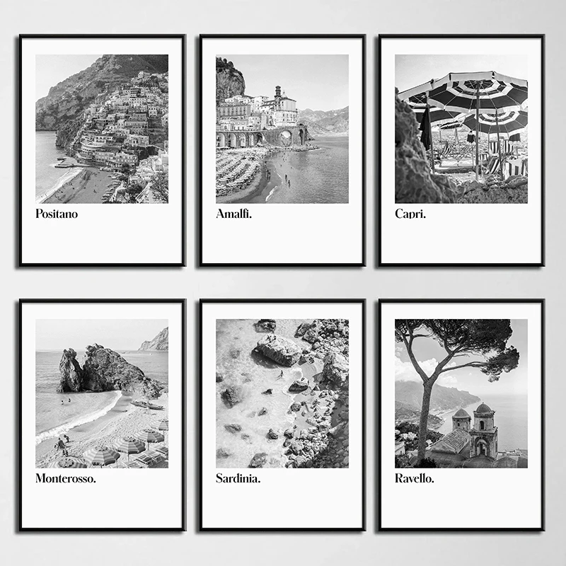 1pc frameless Canvas Painting Black and White Italy Amalfi Coast Beach Landscape Posters Prints Canvas Painting Wall Art Picture