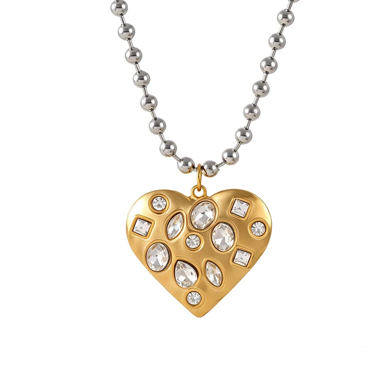 Titanium Steel Mixed-color Necklace Featuring a Cross, Heart, and Star Motif, Accented with a Bead-holding Clasp and Inlaid With - view 4