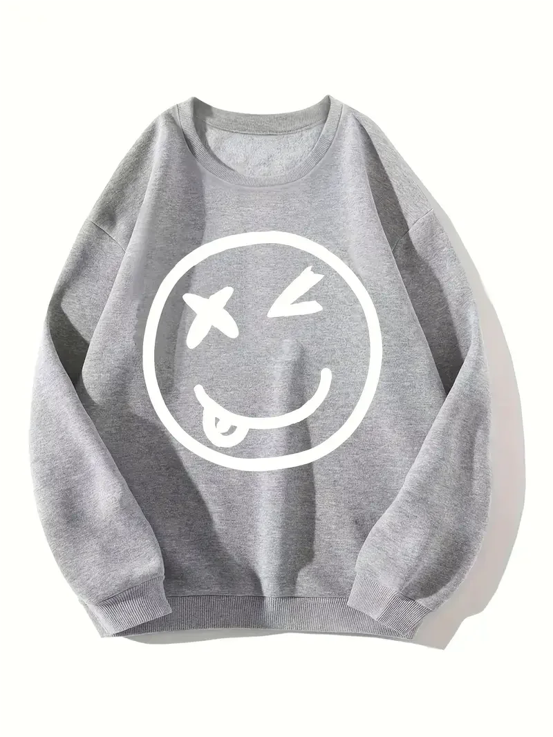 Smiling Face Print Casual Long Sleeve Round Neck Sweatshirt, Fashion Sports Pullover Sweatshirt, Winter Clothes Women