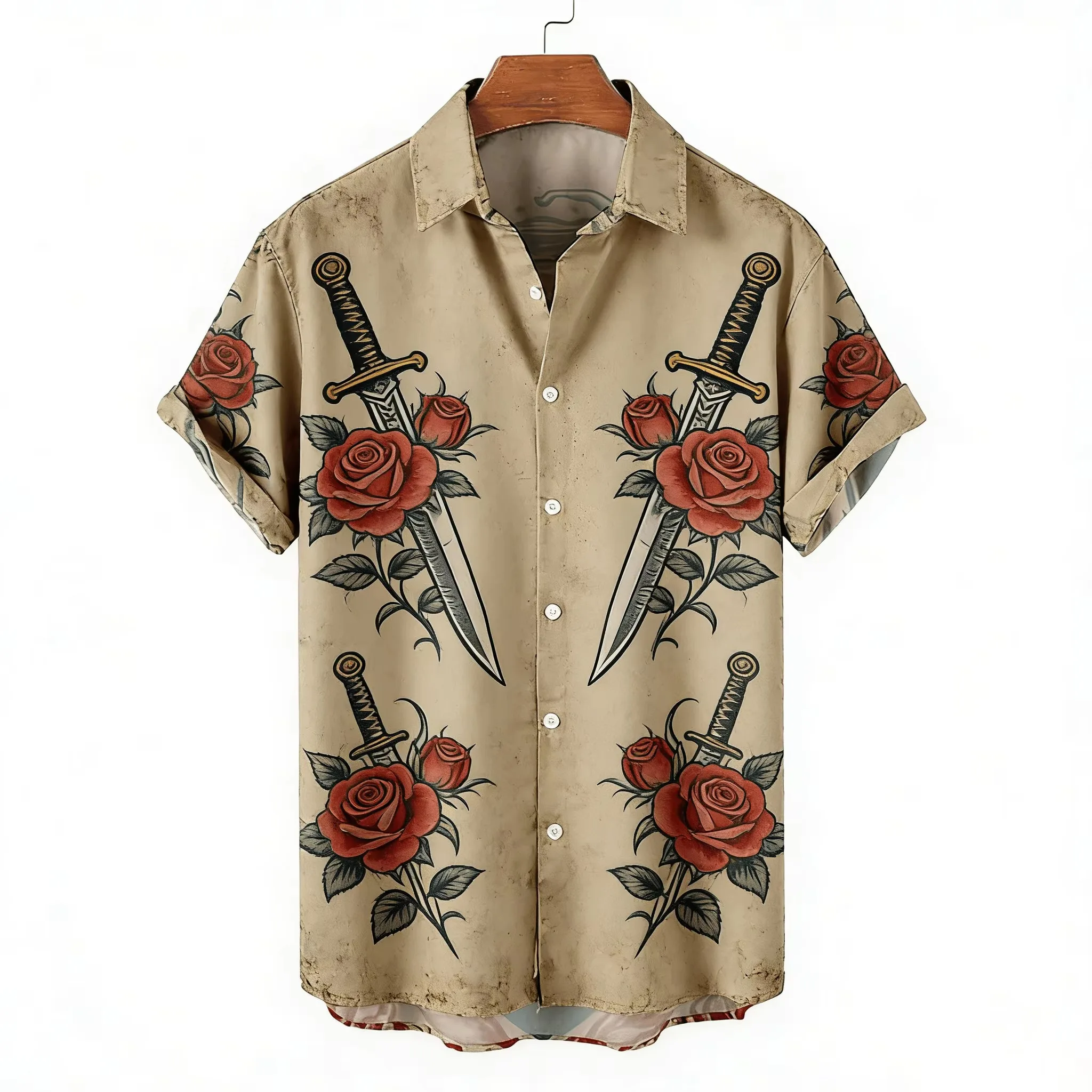 West Coast Retro Wave Skeleton Surfboard Printed Short Sleeve Shirt for Men's Niche Thin Style Loose Collar Travel Versatile Top