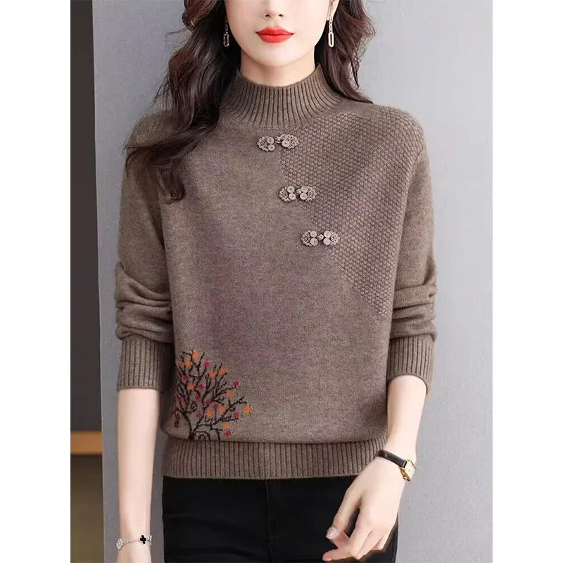 Women's Thick Loose Warm Chic Embroidery Sweaters Female Casual Fashion Solid Basic All-match Knitted Pullover Knitwear