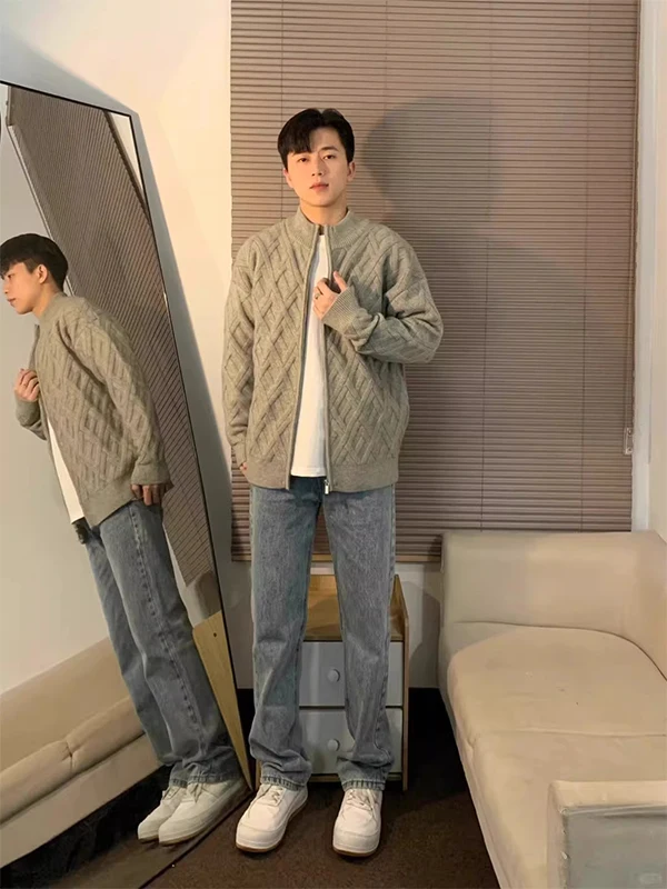 

ay Collar Open Cardigan Sweater Men's Casual Sle Korean Loose Couple Knitted Jaet Trendy Autumn New Arrival