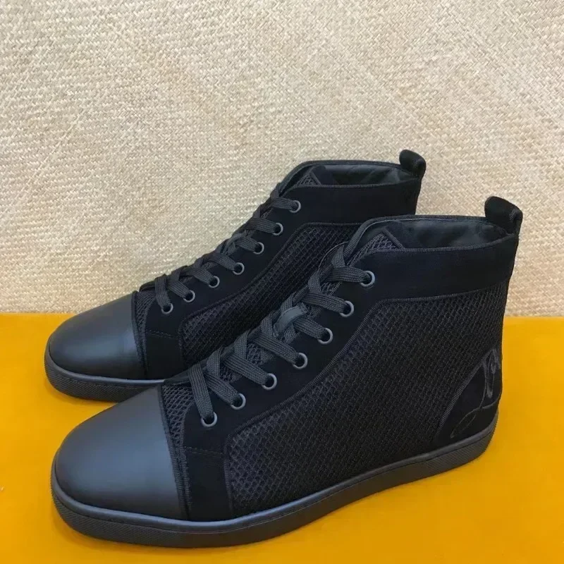 Luxury Fashion High Top For Men Trainers Driving Spiked Black Net Genuine Leather Wedding Rivets Logo Heels Flats Sneakers Shoes