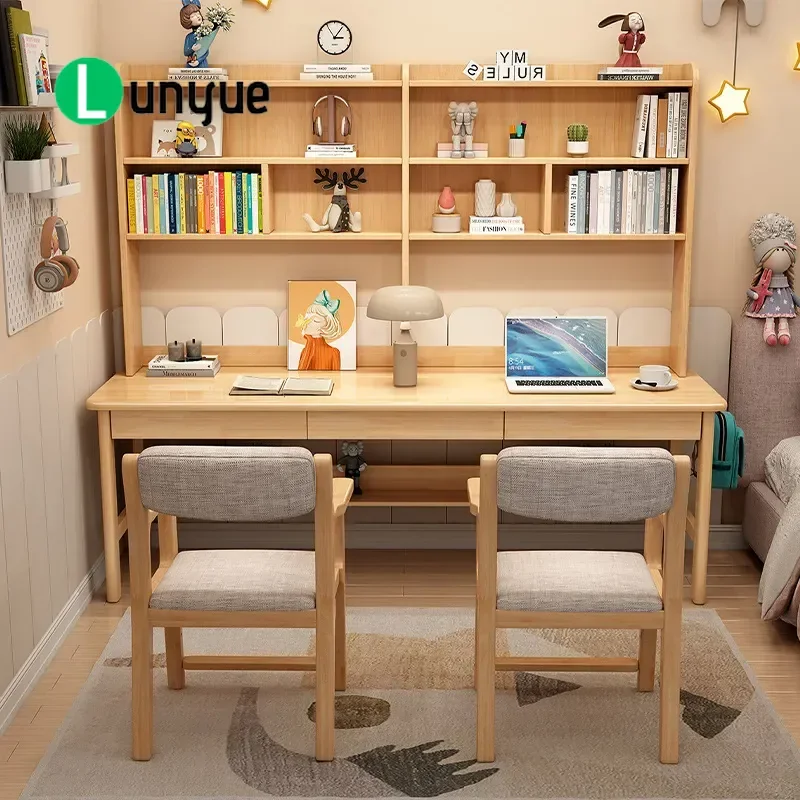Solid wood double desk, bookshelf integrated, oversized computer desk, long table, household student multi-person learning